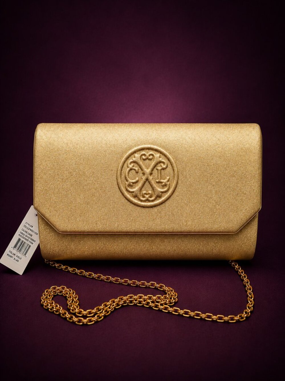 Christian Lacroix Gold Glitter Clutch with Chain NWT.